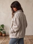 Women's Oversized Cream Corduroy Trucker Jacket With Flap Pockets And Button Front ZMZ1415J6YZH