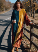 Women's Retro American-Style Color-Block Velvet Maxi Dress With Crew Neck And Flared Sleeves ZMZ1474J3ZYY