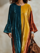 Women's Retro American-Style Color-Block Velvet Maxi Dress With Crew Neck And Flared Sleeves ZMZ1474J3ZYY