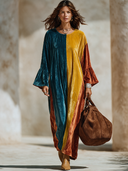Women's Retro American-Style Color-Block Velvet Maxi Dress With Crew Neck And Flared Sleeves ZMZ1474J3ZYY