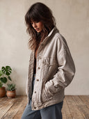 Women's Oversized Cream Corduroy Trucker Jacket With Flap Pockets And Button Front ZMZ1415J6YZH