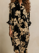 Women's Retro American-Style Floral Print Velvet Button-Down Shirt Dress, Oversized Long Sleeve Midi Dress ZMZ1483J9ZYY