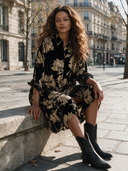 Women's Retro American-Style Floral Print Velvet Button-Down Shirt Dress, Oversized Long Sleeve Midi Dress ZMZ1483J9ZYY