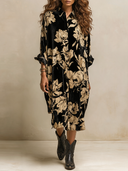 Women's Retro American-Style Floral Print Velvet Button-Down Shirt Dress, Oversized Long Sleeve Midi Dress ZMZ1483J9ZYY