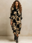 Women's Retro American-Style Floral Print Velvet Button-Down Shirt Dress, Oversized Long Sleeve Midi Dress ZMZ1483J9ZYY