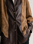 Women's Retro-Style Camel & Chocolate Brown Colorblock Suede Leather-Look Stand Collar Button Jacket ZMZ1425J3ZYY