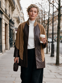 Women's Retro-Style Camel & Chocolate Brown Colorblock Suede Leather-Look Stand Collar Button Jacket ZMZ1425J3ZYY