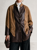 Women's Retro-Style Camel & Chocolate Brown Colorblock Suede Leather-Look Stand Collar Button Jacket ZMZ1425J3ZYY
