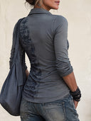 Women's Gray Graphic Letter Print Long Sleeve Polo Top With Button Placket And Zipper Detail ZMZ1411J5YZH