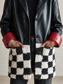 Women's American Retro Style Black Faux LeatherJacket With Checkerboard Sherpa Hem And Red Contrast Cuffs ZMZ1457J4ZYY