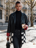 Women's American Retro Style Black Faux LeatherJacket With Checkerboard Sherpa Hem And Red Contrast Cuffs ZMZ1457J4ZYY