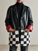 Women's American Retro Style Black Faux LeatherJacket With Checkerboard Sherpa Hem And Red Contrast Cuffs ZMZ1457J4ZYY