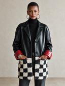 Women's American Retro Style Black Faux LeatherJacket With Checkerboard Sherpa Hem And Red Contrast Cuffs ZMZ1457J4ZYY
