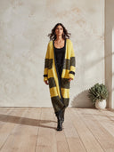Women's Oversized Chunky Knit Long Cardigan Yellow Black Striped Open Front Sweater Coat ZMZ1478J4YZH
