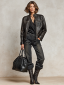Women’s Vintage-style, Distressed Black Faux-leather Biker Jacket ZMZ1354J6XT