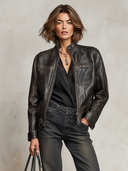 Women’s Vintage-style, Distressed Black Faux-leather Biker Jacket ZMZ1354J6XT