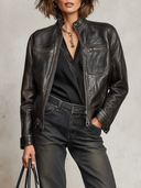 Women’s Vintage-style, Distressed Black Faux-leather Biker Jacket ZMZ1354J6XT