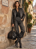 Women’s Vintage-style, Distressed Black Faux-leather Biker Jacket ZMZ1354J6XT