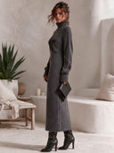 Women's Casual High-Neck Ribbed Star-Pattern Knit Midi Dress ZMZ1547J9XT