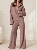 Women’s Minimalist Dusty-pink Waffle-knit Top And Wide-leg Trousers Two-piece Set ZMZ1363J9XT