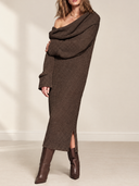 Women's Brown Turtleneck Chunky Waffle Knit Sweater Midi Dress ZMZ1386J6XT