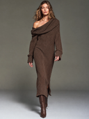 Women's Brown Turtleneck Chunky Waffle Knit Sweater Midi Dress ZMZ1386J6XT