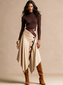 Women's Retro Casual Solid Color Knitted High Neck T-Shirt Set With PU Patchwork Cotton Irregular Button Skirt ZMZ1590J6ZJY