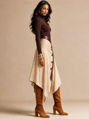 Women's Retro Casual Solid Color Knitted High Neck T-Shirt Set With PU Patchwork Cotton Irregular Button Skirt ZMZ1590J6ZJY