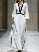 Women’s Vintage-inspired Casual Long-sleeve Maxi Dress With A V-neck And Contrasting Trim ZMZ1527J2ZJY
