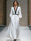 Women’s Vintage-inspired Casual Long-sleeve Maxi Dress With A V-neck And Contrasting Trim ZMZ1527J2ZJY
