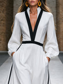 Women’s Vintage-inspired Casual Long-sleeve Maxi Dress With A V-neck And Contrasting Trim ZMZ1527J2ZJY
