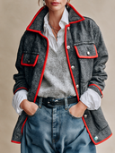 Women's Retro Casual Woolen Color-Blocked Trim Multi-Pocket Lapel Single-Breasted Jacket ZMZ1578J7ZJY