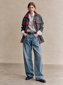 Women's Retro Casual Woolen Color-Blocked Trim Multi-Pocket Lapel Single-Breasted Jacket ZMZ1578J7ZJY