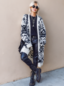 Women's Retro Casual Knitted Jacquard Loose Mid-Length Collarless Cardigan ZMZ1524J6ZJY