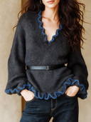 Women's Retro Casual Knit Color Block Ruffled Trim Bell Sleeve Pullover Sweater ZMZ1544J2ZJY