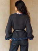 Women's Retro Casual Knit Color Block Ruffled Trim Bell Sleeve Pullover Sweater ZMZ1544J2ZJY