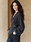 Women's Retro Casual Knit Color Block Ruffled Trim Bell Sleeve Pullover Sweater ZMZ1544J2ZJY
