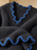 Women's Retro Casual Knit Color Block Ruffled Trim Bell Sleeve Pullover Sweater ZMZ1544J2ZJY