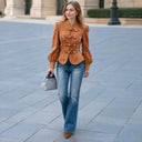 Women's Solid Color Faux Suede Military Style Stand Collar And Puff Sleeve Jacket ZMZ1529J9XT