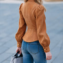 Women's Solid Color Faux Suede Military Style Stand Collar And Puff Sleeve Jacket ZMZ1529J9XT