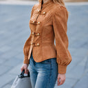 Women's Solid Color Faux Suede Military Style Stand Collar And Puff Sleeve Jacket ZMZ1529J9XT