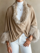 Women's Retro Casual Cotton Faux Fur Collar Three-Quarter Sleeve Loose Shawl Jacket ZMZ1514J7ZJY