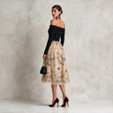 Women's Off-Shoulder Long-Sleeve Black Knit Top With Beige Embroidered Mesh Midi Dress ZMZ1541J6XT