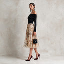 Women's Off-Shoulder Long-Sleeve Black Knit Top With Beige Embroidered Mesh Midi Dress ZMZ1541J6XT