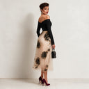 Women's French-style Pleated Off-shoulder Neckline Color-blocked Mesh Rose Print Midi Dress ZMZ1571J9XT