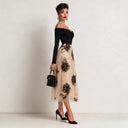 Women's French-style Pleated Off-shoulder Neckline Color-blocked Mesh Rose Print Midi Dress ZMZ1571J9XT
