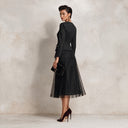 Women's Retro V-neck Long-sleeved Pleated Tulle Skirt Faux Two-Piece Midi Dress ZMZ1533J0XT