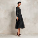 Women's Retro V-neck Long-sleeved Pleated Tulle Skirt Faux Two-Piece Midi Dress ZMZ1533J0XT