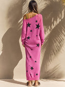 Women's Retro Casual Knitted Star Color Block Long Sleeve Loose Maxi Dress ZMZ1531J5ZJY
