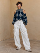 Women's Elegant Vintage Style Cold Shoulder Turtleneck Sweater Grey Navy Diamond Pattern Fuzzy Knit Pullover ZMZ1526J0ZYY